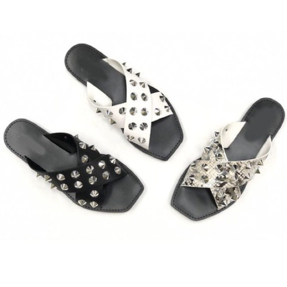 Soda Linwood Vegan Leather Silver Stud Flat Sandal - Picture 11 of 11